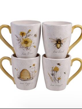 Certified International Bee Sweet Set 4 Large 22oz Mugs Farmhouse Bee Floral